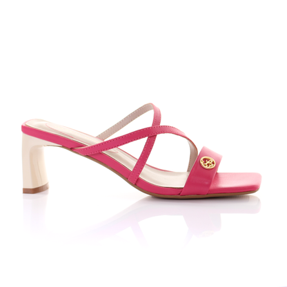 Square toe leather strappy heeled sandal- Peach