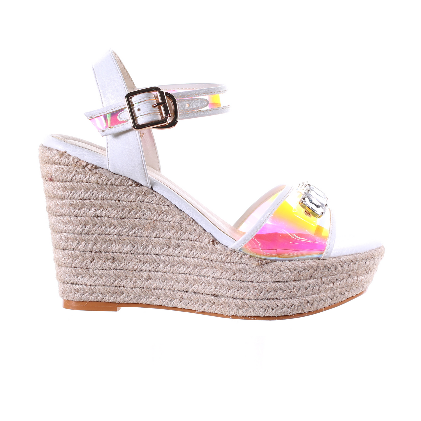 Rhinestones open toe wedge heel sandal (white)