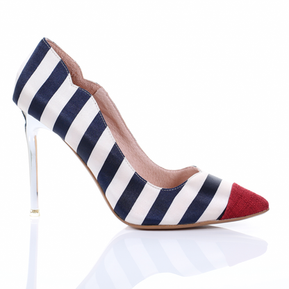 Chrome heel two tone pointed toe pumps (Red)