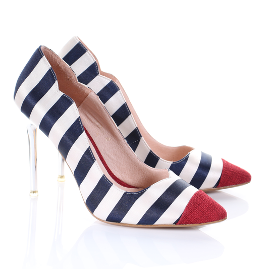 Chrome heel two tone pointed toe pumps (Red)