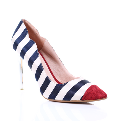 Chrome heel two tone pointed toe pumps (Red)