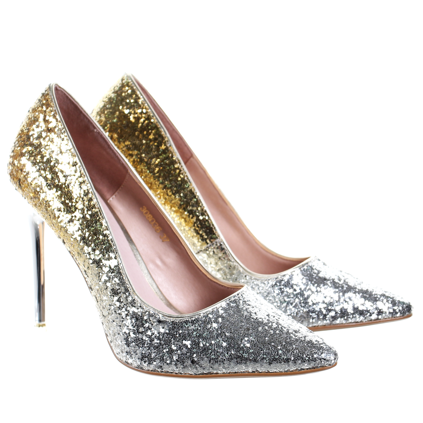 Glitter pointed toe chrome heel pumps(S/Gold)