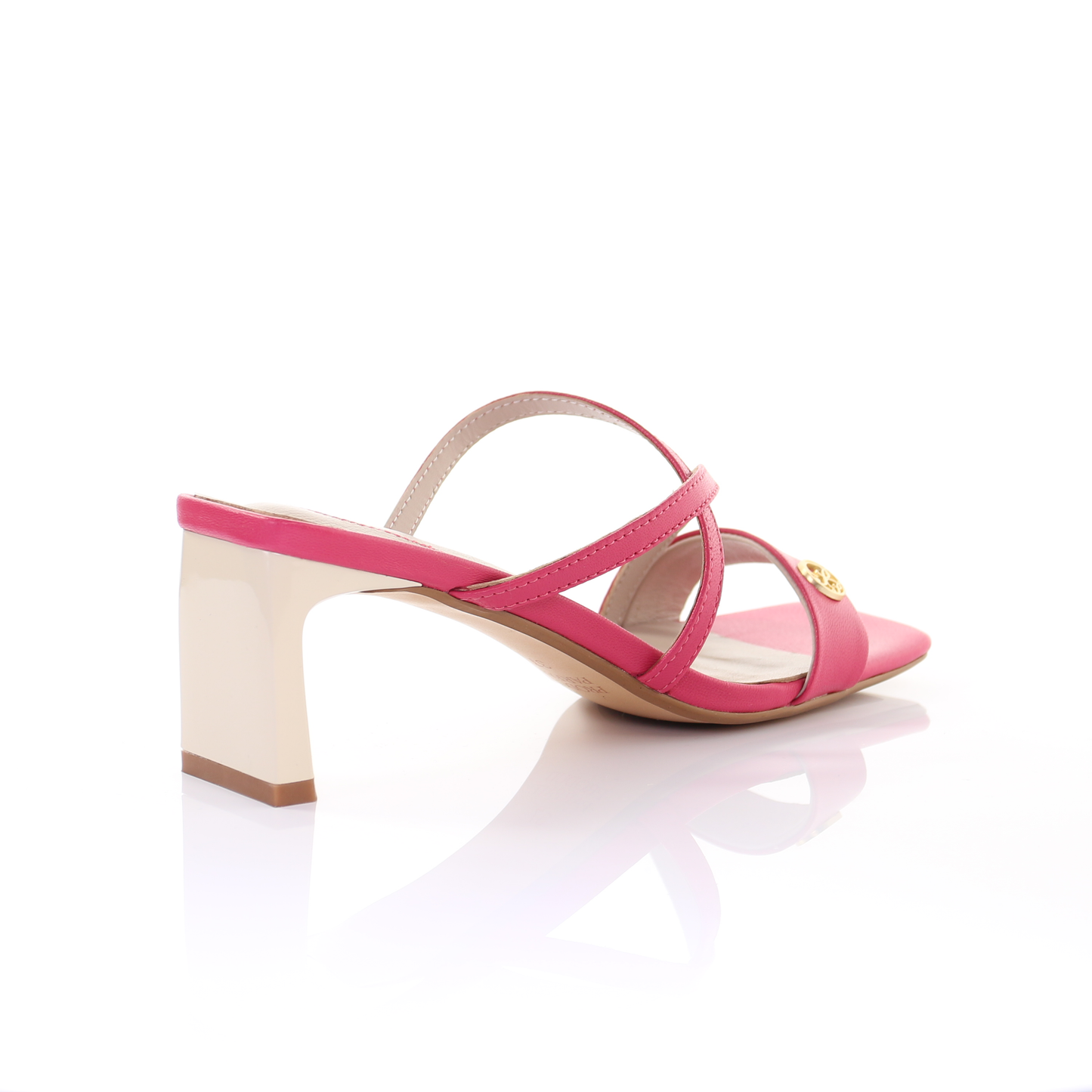 Square toe leather strappy heeled sandal- Peach