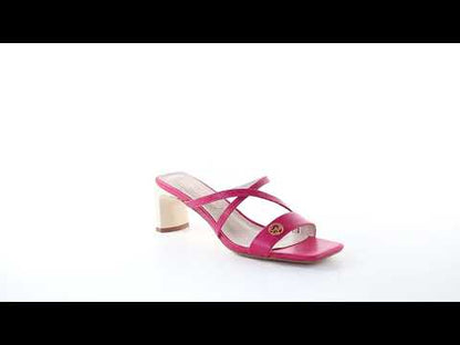 Square toe leather strappy heeled sandal- Peach